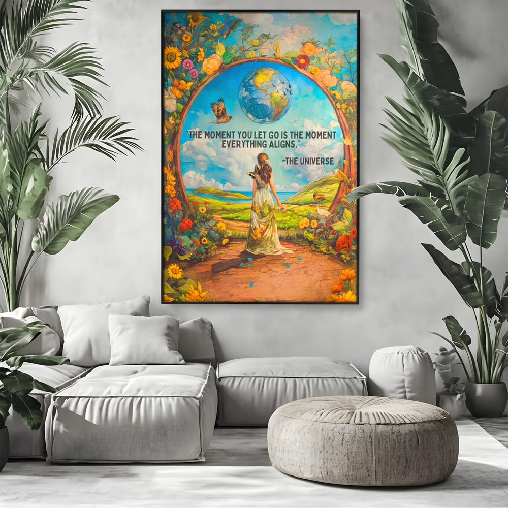Tablou canvas cu tablou canvas cu femeie pe poteca si glob pamantesc, in rama de aluminiu negru, pe perete intr-un living